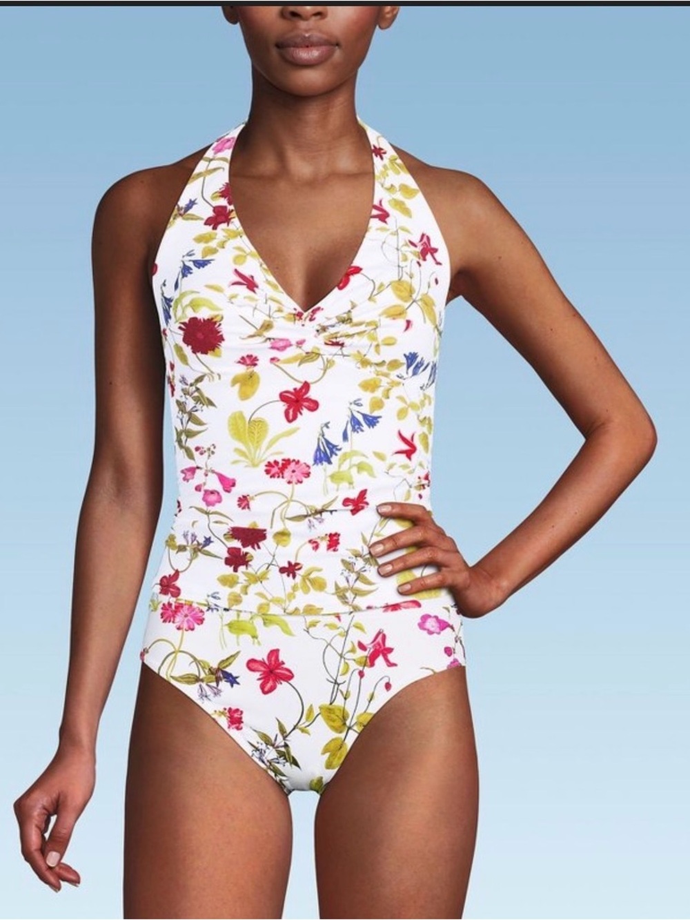 Lands' End White Floral Tankini - Halter Top and High Waist Bottoms